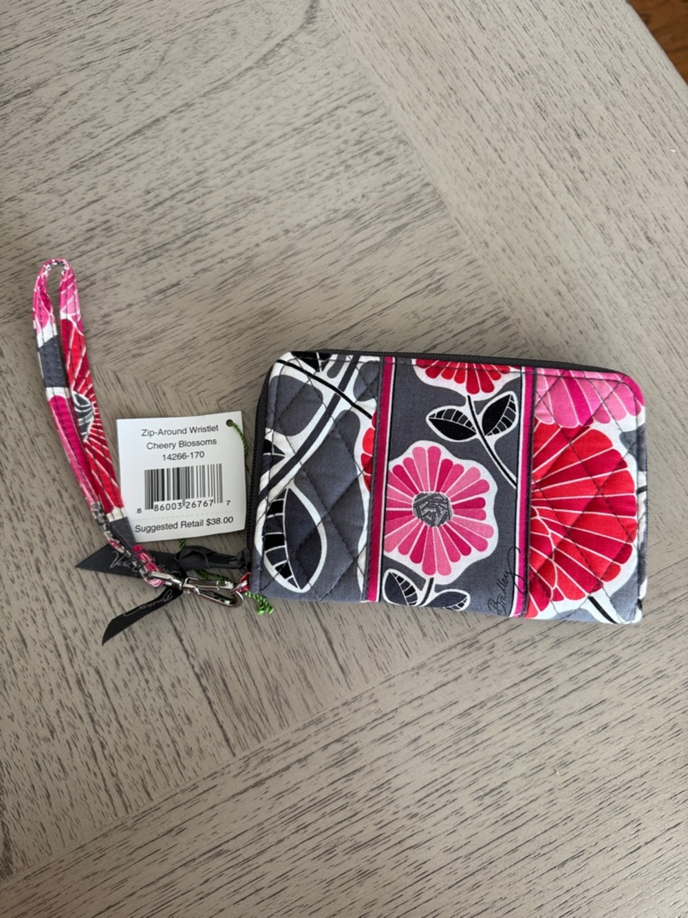 Vera Bradley Zip-Around Wristlet Cheery Blossoms with pink/red/gray floral print
